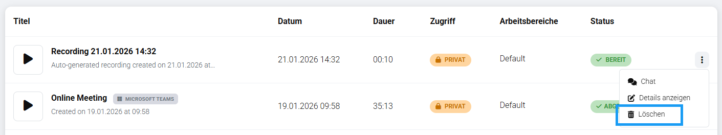 Screenshot: Three-dot menu with "Delete" option in recordings overview