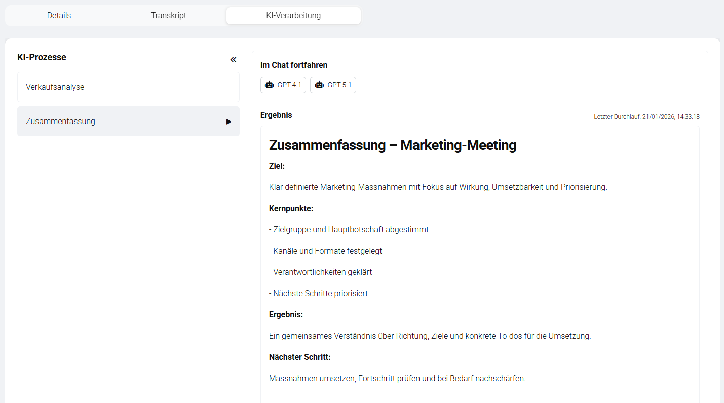 Screenshot: AI Processing tab with process list on left and results area on right