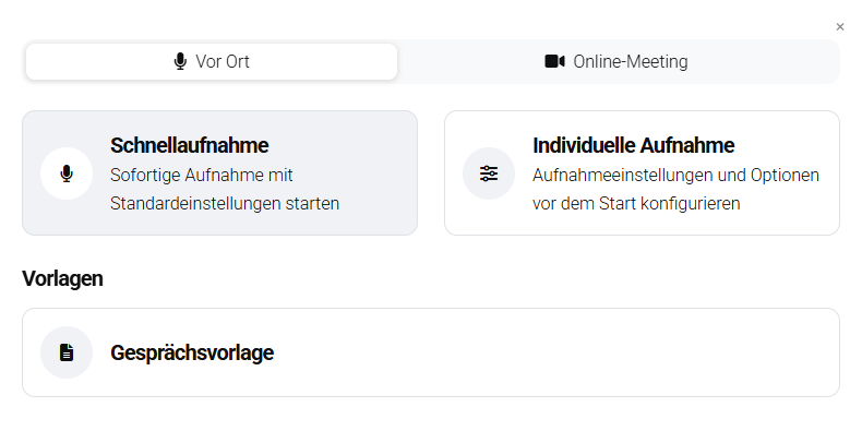 Screenshot: Recording pop-up with highlighted options "Quick Recording", "Custom Recording", "Templates"
