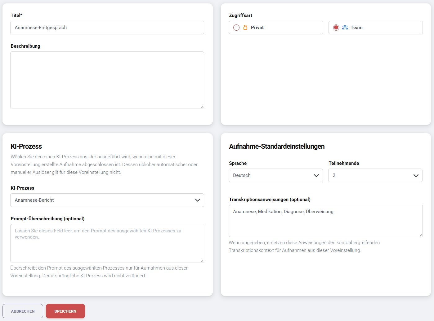 Screenshot: Create a new preset with title, access type, AI process, and transcription instruction