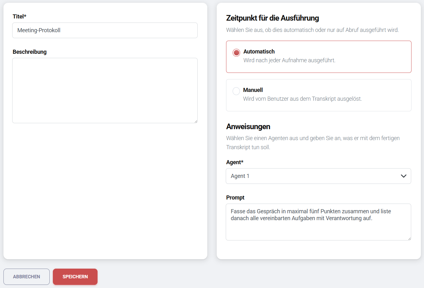 Screenshot: Create a new AI process with trigger, agent, and prompt