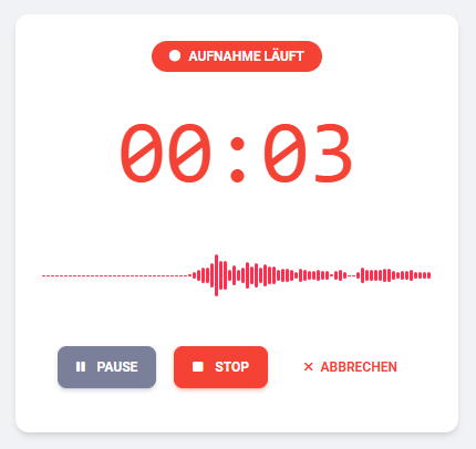 Screenshot: Active recording with Pause, Stop, and Cancel buttons