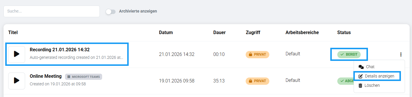 Screenshot: Recordings list with highlighted status column and three-dot menu