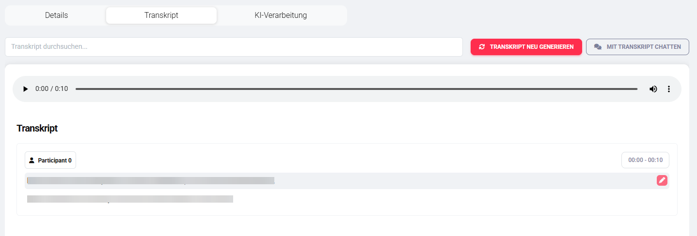 Screenshot: Transcript tab with audio player at top and text area below